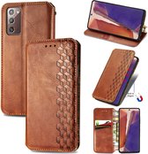 Luxe PU Lederen Ruitpatroon Wallet Case + PMMA Screenprotector voor Galaxy Note 20 4G/5G _ Bruin