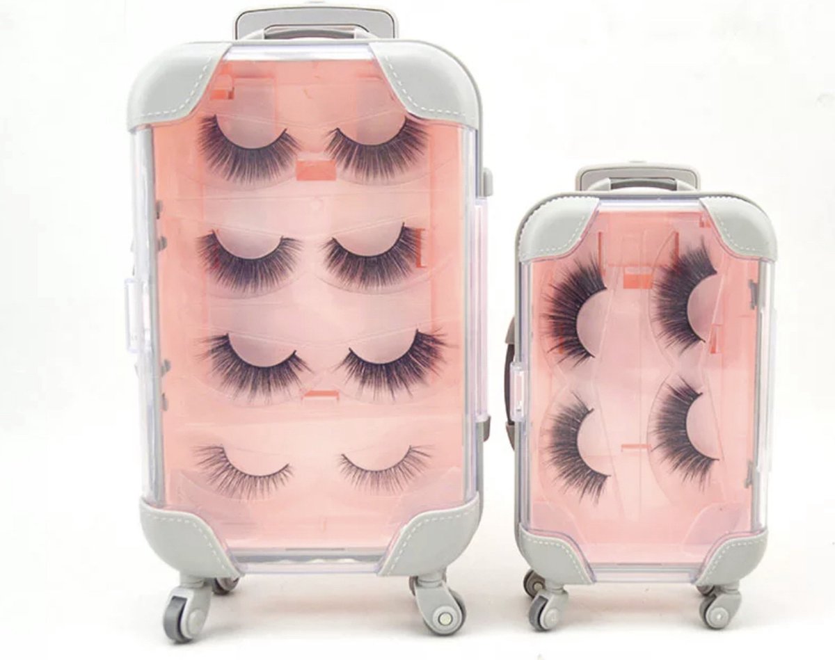 Make-Up Organizer + 1 paar Mink lashes - Nepwimpers - Zwart-Dierproefvrij - Opbergdoos - Cosmetica - Make-up koffer - Valse Wimpers - Mini Bagage - Trolley - Multifunctioneel - Met Wieltjes - Roze