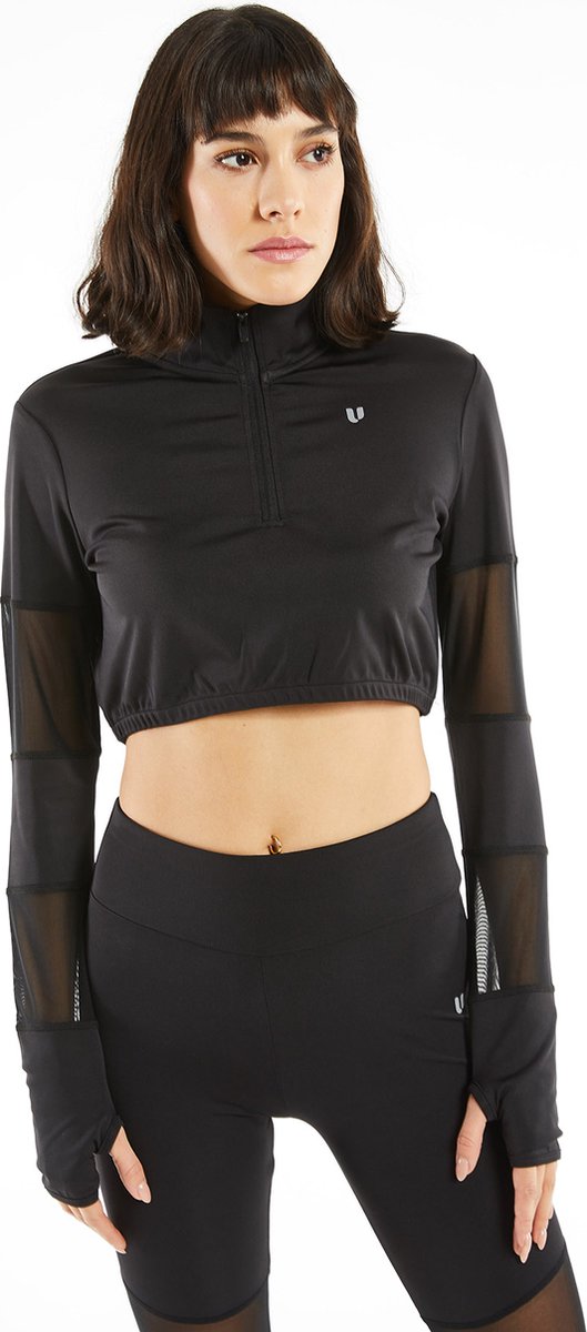 cúpla Women's Activewear Quarter Zip Crop Sweatshirt Sportswear Long Sleeve Sport Top with Finger Holes and Mesh Details