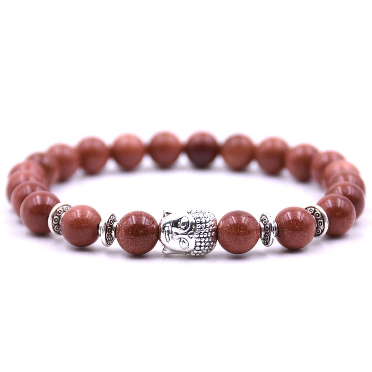 Armband met buddha bedel - Armband natuursteen - Kralen band - Dames / Heren / Unisex / Cadeau - Cadeau voor man & vrouw - Zilveren Buddha - Elastisch - Bordeaux