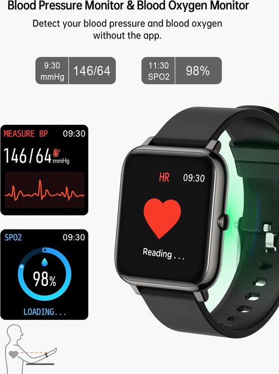Popglory Smartwatch, fitnesstracker met bloeddrukmeting, fitnesshorloge