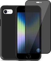 Hoesje voor Geschikt voor iPhone SE 2022 + Privacy Screenprotector – Privé Gehard Glas Cover - Suède Case Zwart