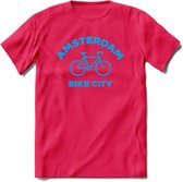 Amsterdam Bike City T-Shirt | Souvenirs Holland Kleding | Dames / Heren / Unisex Koningsdag shirt | Grappig Nederland Fiets Land Cadeau | - Roze - L