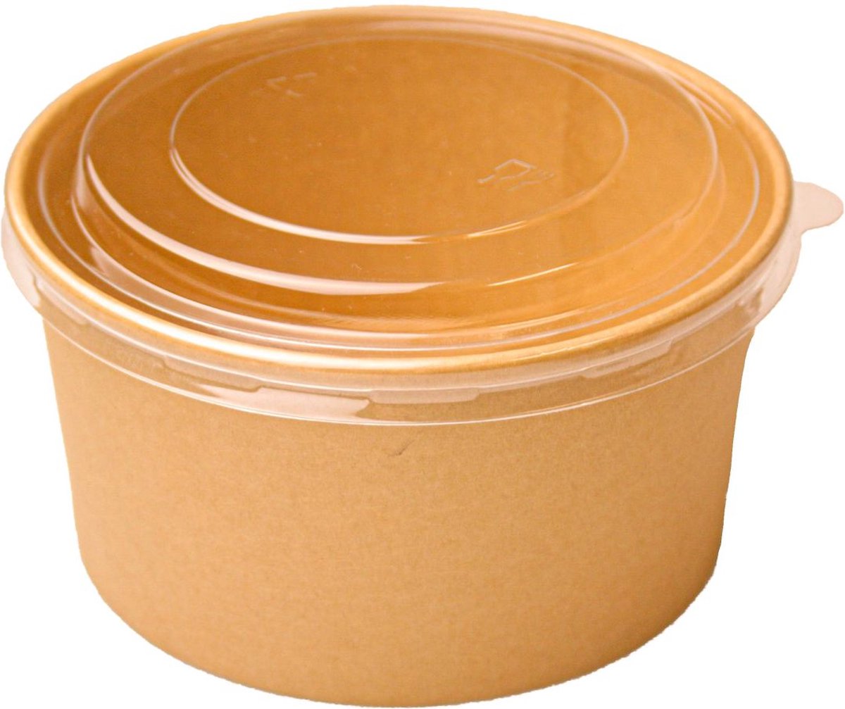 50st. Salade bowl, pokébowl, saladebak, met deksel, karton, 1000ml, 78mm hoog, 148mm diameter, bruin IMES