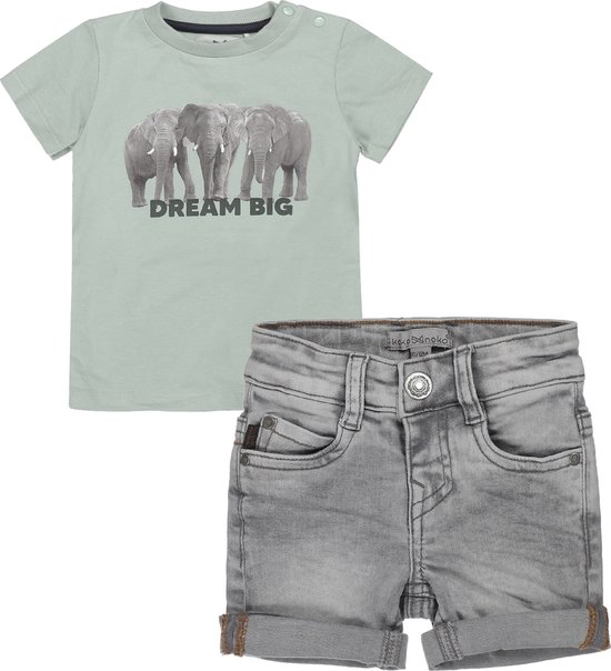 Koko Noko - Kledingset(2delig) - Short Grey jeans - Shirt groen met olifanten - Maat 134