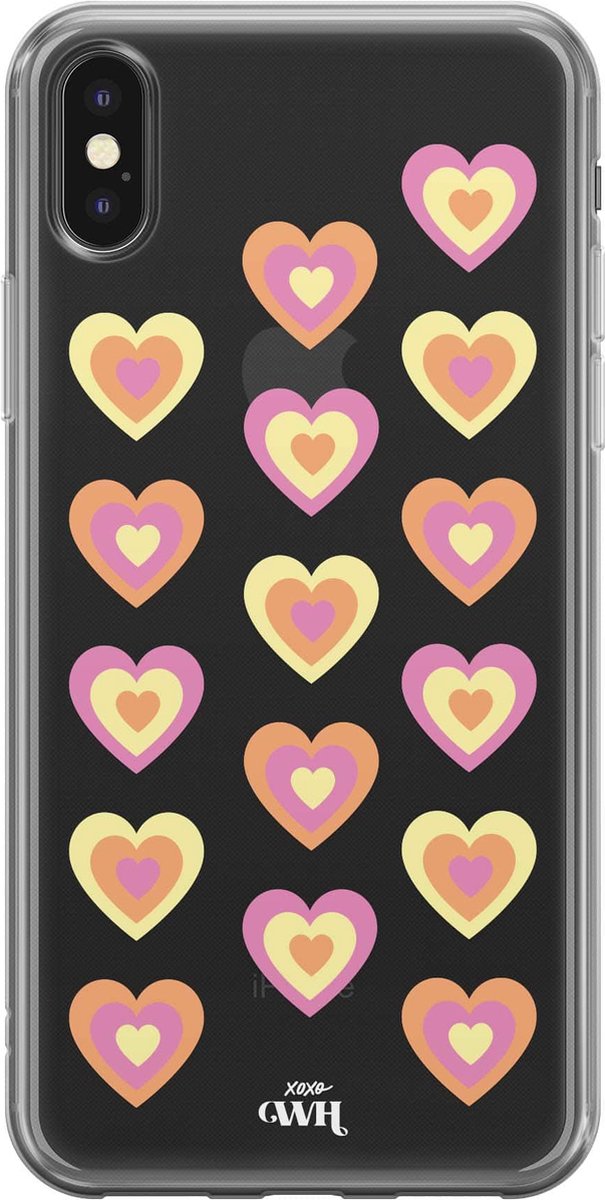 Retro Heart Pastel Pink - iPhone Transparant Case - Transparant siliconen hoesje geschikt voor iPhone 10 / Xs / X hoesje - Shockproof case doorzichtig met hartjes - Hartje beschermhoes