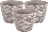 Set de 3x cache-pots/pots de fleurs en plastique dia 13 cm et hauteur 11 cm en beige/taupe pour usage intérieur/extérieur