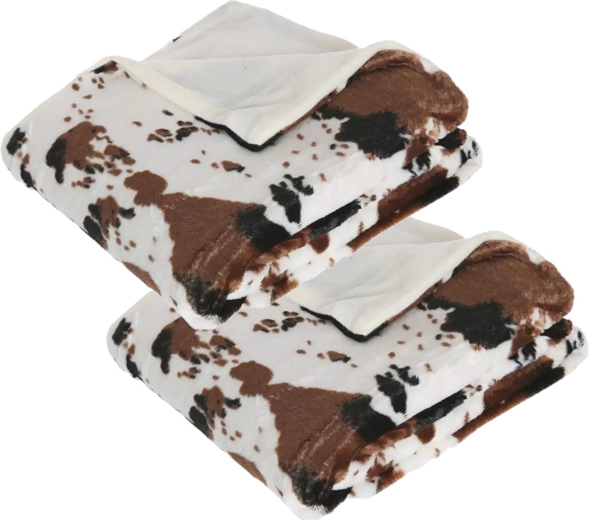 Atmosphera Fleece deken/fleeceplaid wit/bruin koeienprint 130 x 160 cm polyester - 2x - Bankdeken - Fleece deken - Fleece plaid Multi