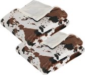 2x Stuks Fleece deken/fleeceplaid wit/bruin koeienprint 130 x 160 cm polyester - Bankdeken - Fleece deken - Fleece plaid