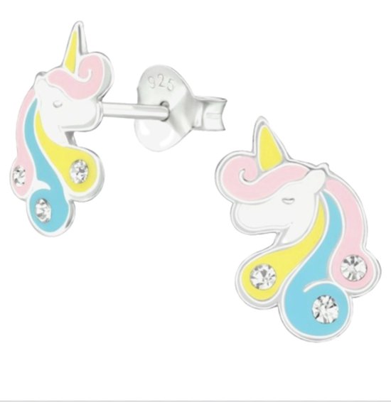 Joy|S - Zilveren unicorn oorbellen - 9 mm - eenhoorn oorknoppen pastel kleurtjes