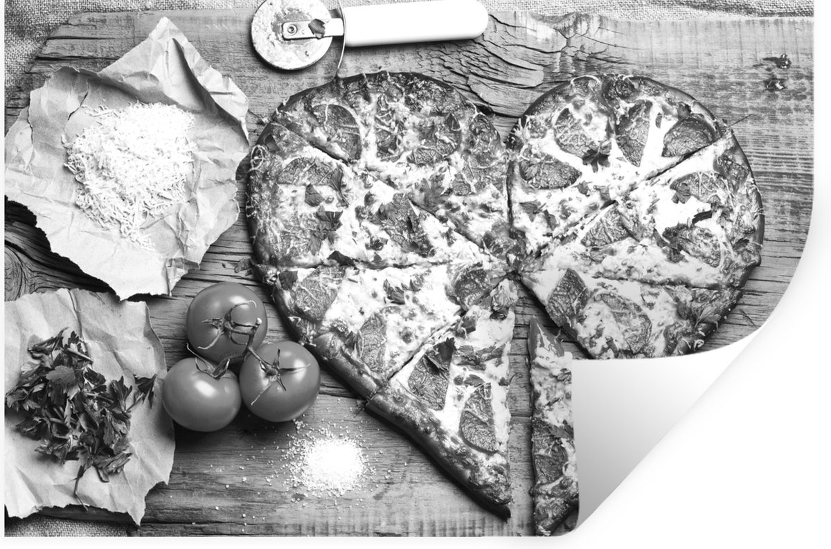 Muurstickers - Sticker Folie - Hartvormige gesneden pizzapunt - zwart wit - 60x40 cm - Pla