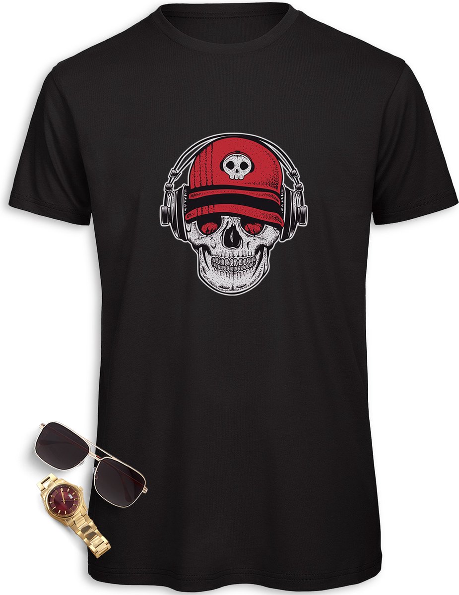 Heren t Shirt met DJ Skull - Tshirt mannen met DJ Skull opdruk - t-Shirt met grappige skull print - Maten: S M L XL XXL XXXL - T shirt kleur: Zwart.
