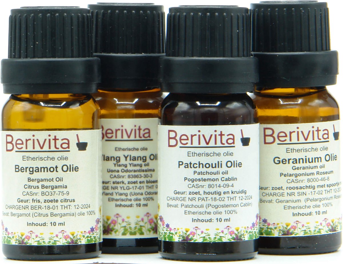 Goedkoopste Troost en Verwerking Set 4x10ml Etherische Olie - Bergamotolie 10ml, Geraniumolie 10ml, Patchouli Olie 10ml en Ylang Ylang Olie 10ml - Essentiële Olie Set
