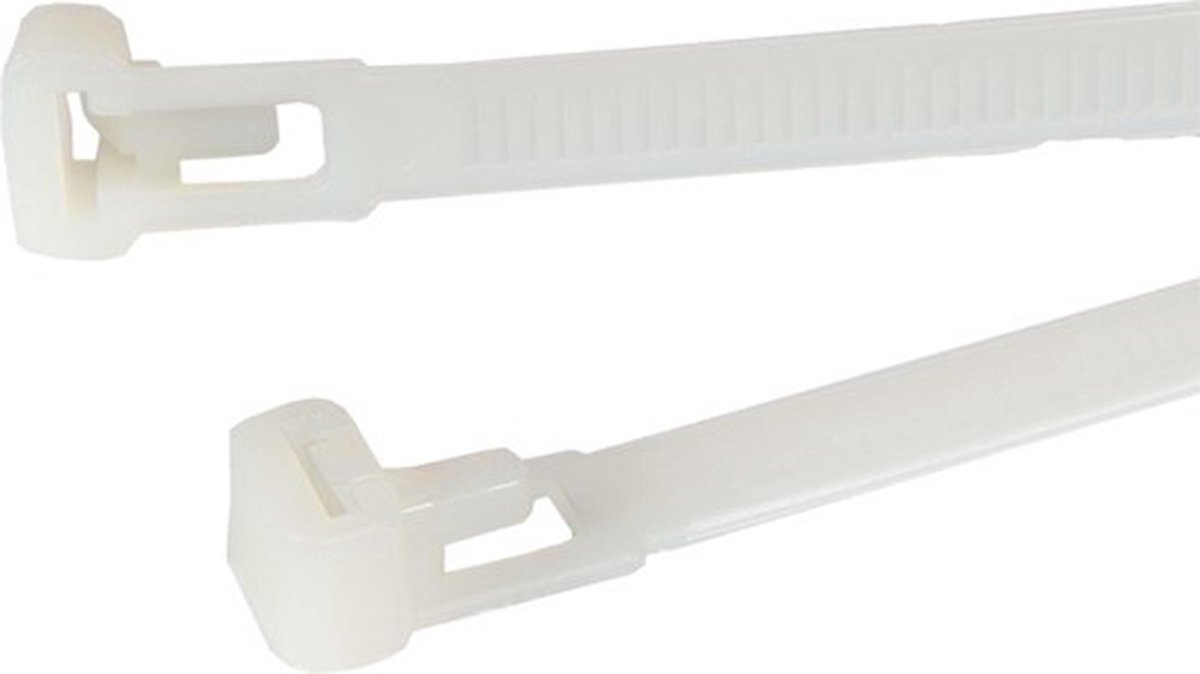 Kortpack - Hersluitbare Kabelbinders/ Tyraps 300mm lang x 7.6mm breed - Wit - 100 stuks - Treksterkte: 22.2KG - Bundeldiameter: 80mm - (099.0483)