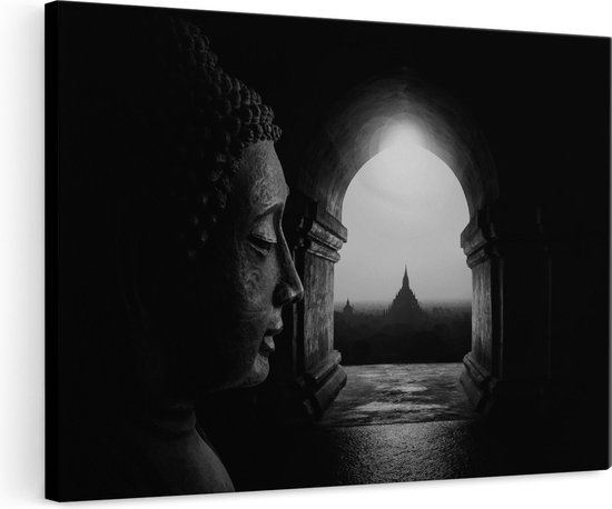 Artaza Canvas Schilderij Boeddha met Mooi Uitzicht - Zwart Wit - 120x80 - Groot - Foto Op Canvas - Wanddecoratie Woonkamer