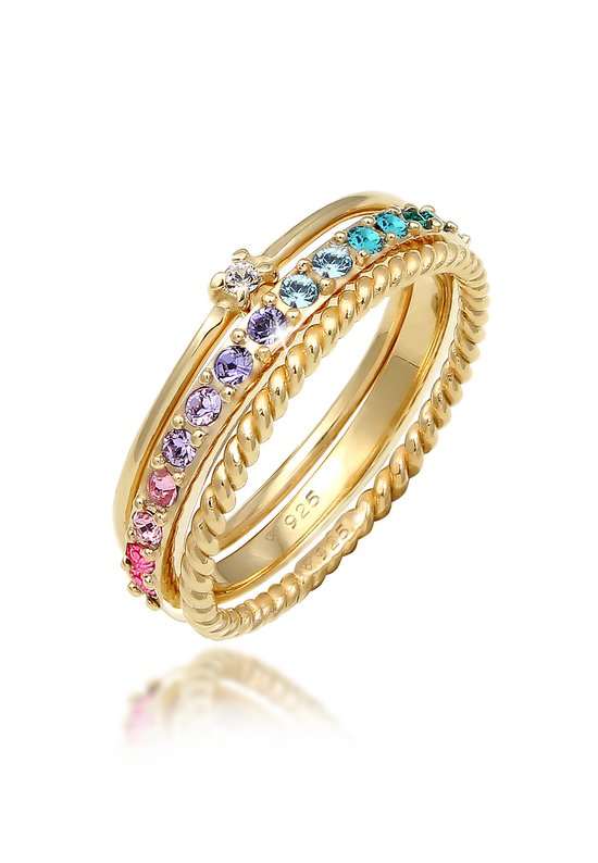 Elli Ring Dames Set Multi-Colour Fonkelend met kristallen Kleurrijk in 925 sterling zilver verguld