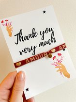 Wenskaart met sieraad - Thank you bedankt kaartje - Verstelbaar armbandje rood Amour muntje goud - Verkleurt niet - In cadeauverpakking - Snel in huis