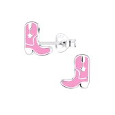 Joy|S - Zilveren cowboy laarzen oorbellen - 7 x 8 mm - roze boots