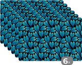 Placemat - Placemats kunststof - Jungle - Blauw - Blad - Planten - Patroon - 45x30 cm - 6 stuks - Hittebestendig - Anti-Slip - Onderlegger - Afneembaar
