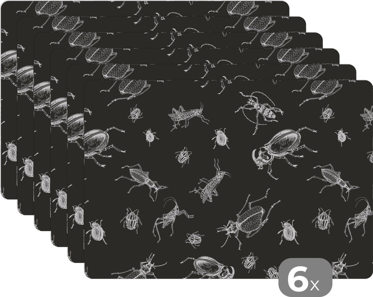 Placemat - Placemats kunststof - Patronen - Insecten - Zwart Wit - 45x30 cm - 6 stuks - Hittebestendig - Anti-Slip - Onderlegger - Afneembaar