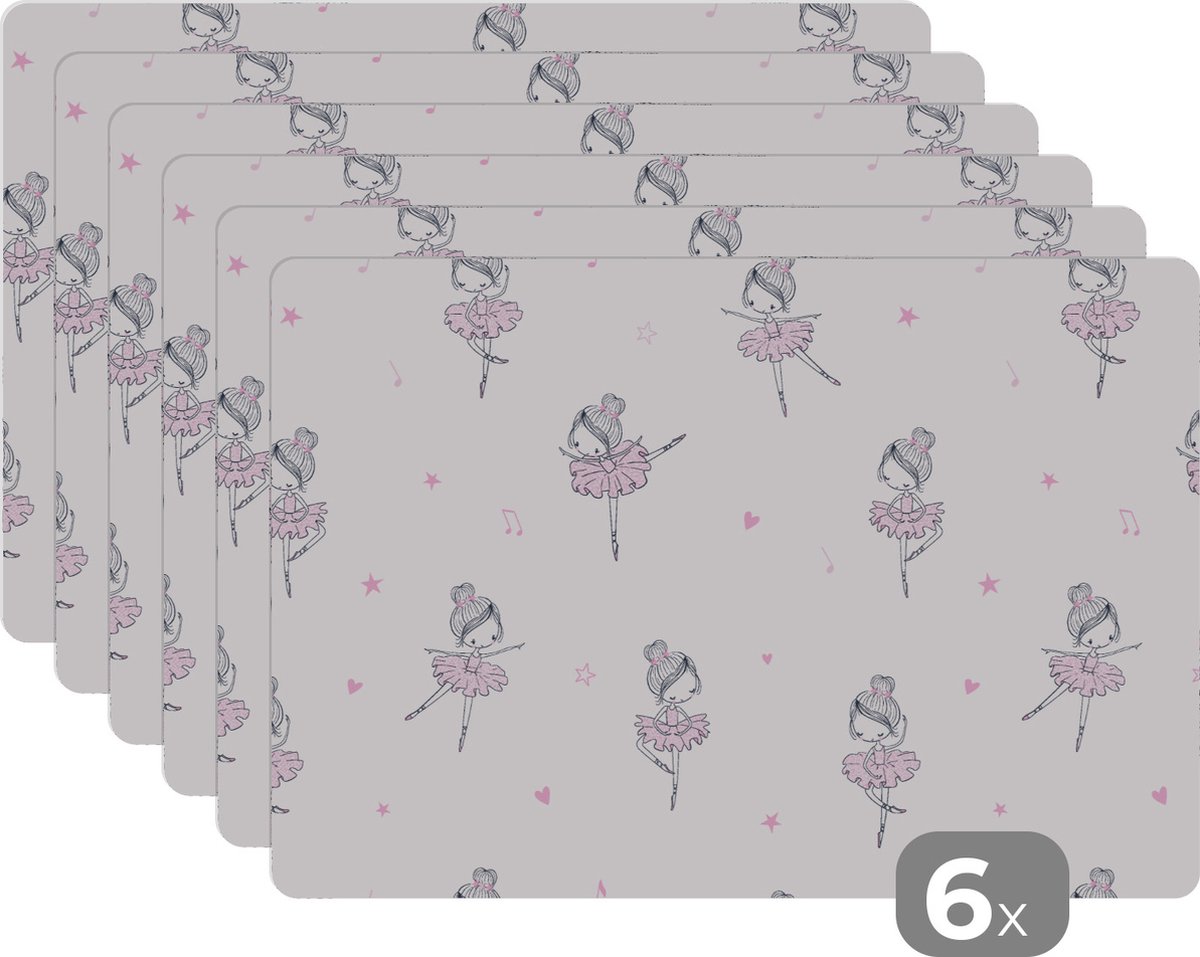 Placemat kinderen - Placemat - Placemats kunststof - Meiden - Ballet - Roze - Patronen - Girl - Kids - Kinderen - 45x30 cm - 6 stuks - Hittebestendig - Anti-Slip - Onderlegger - Afneembaar