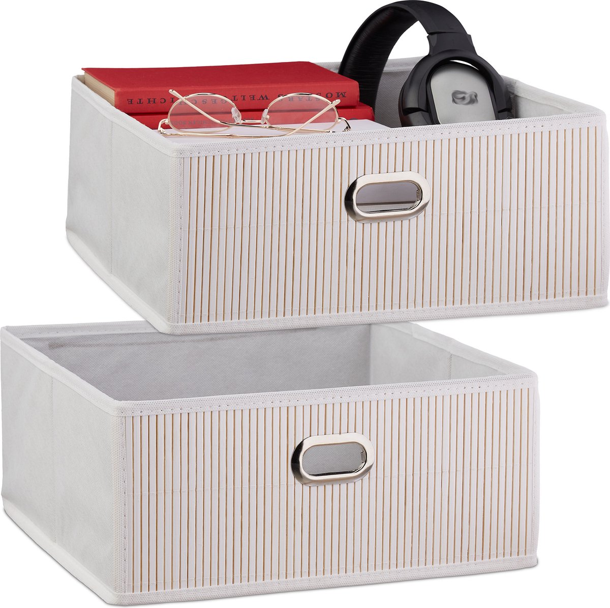 2 x opbergmand badkamer - bamboe mand - opbergdoos stof - opbergbox - wit