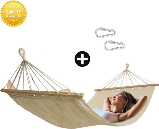 Fleau Luxe Hangmat met Spreidstok - Beige - 100% Katoen - Comfortabel - Inclusief 2 karabijnhaken - Zonder Standaard - met Bevestigingsmateriaal - 100 x 200cm