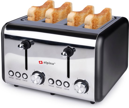 Foto: Alpina broodrooster 4 snedes brood 230v 1500w 6 bruiningsstanden ontdooien opwarmen toaster zilver