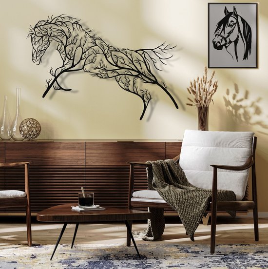 Wanddecoratie |Boom Paard  /  Tree Horse  | Metal - Wall Art | Muurdecoratie | Woonkamer |Zwart| 100x53cm