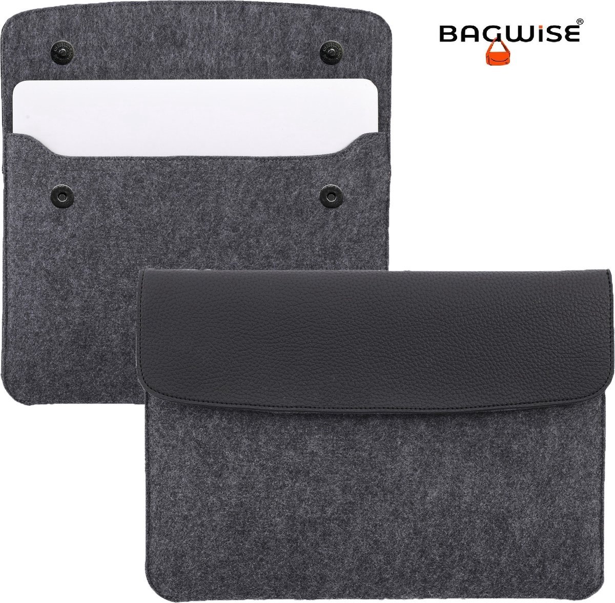 Bagwise® Laptop/ Tablet / Notebook Hoes - Laptophoes - Laptop Sleeve - MacBook Air/Pro Soft Sleeve 13 - 13.3 inch - Magneetsluiting - Grijs/Zwart Vilt Leer