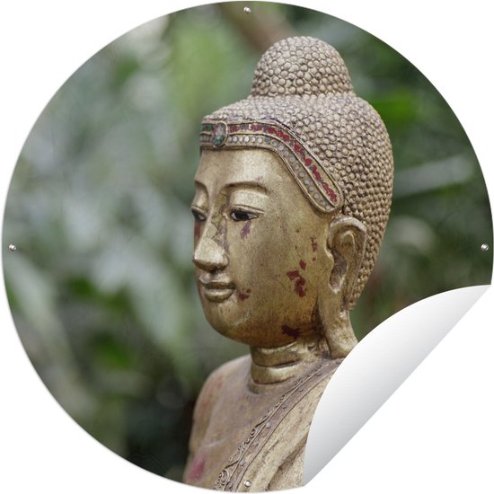 Tuincirkel Oud Boeddha standbeeld in een tuin - 120x120 cm - Ronde Tuinposter - Buiten XXL / Groot formaat!