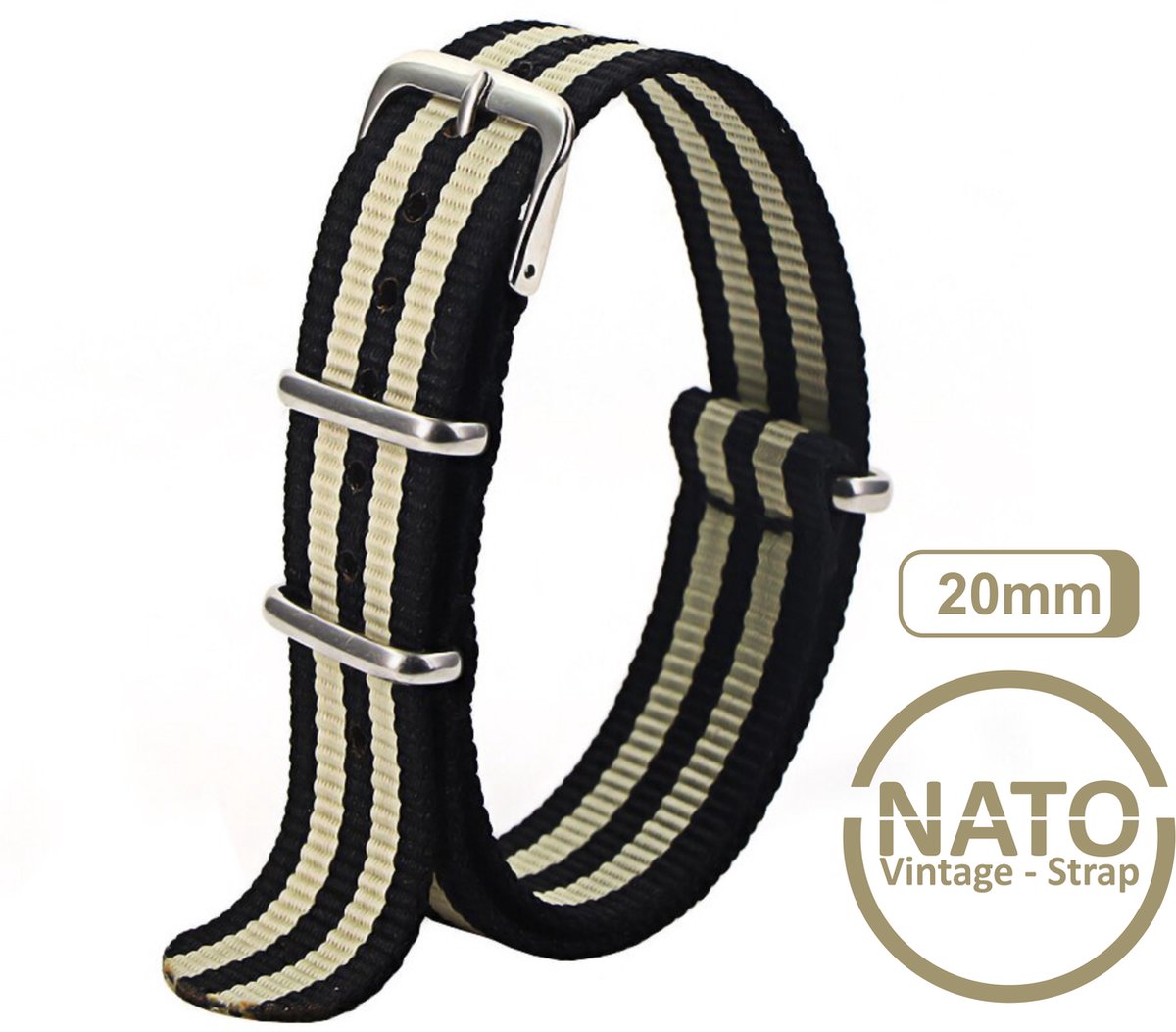 20mm Premium Nato Strap Zwart Créme gestreept - Vintage James Bond - Nato Strap collectie - Mannen - Horlogeband - 20 mm bandbreedte voor oa. Seiko Rolex Omega Casio en Citizen