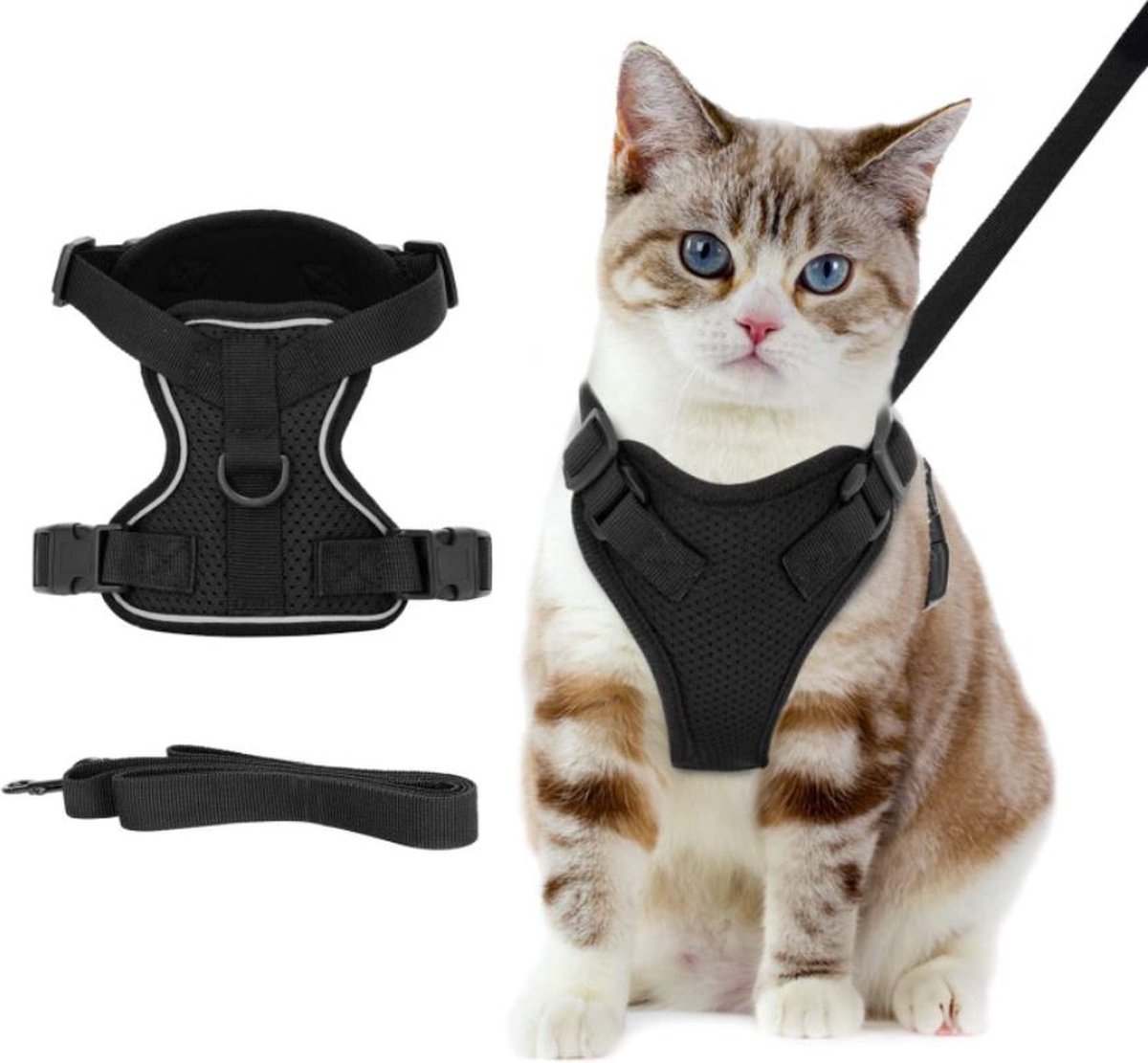 Harnais chat M noir réfléchissant avec ceinture