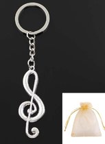 Sleutelhanger - muzieksleutel - zilverkleurig - muziek - sleutelring - muzieknoot - hanger - cadeau zakje