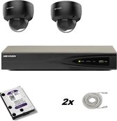 Set avec 2 caméras noires de Hikvision DS-2CD2146G2-I 2,8 mm 4mp, enregistreur Hikvision et disque dur Western Digital