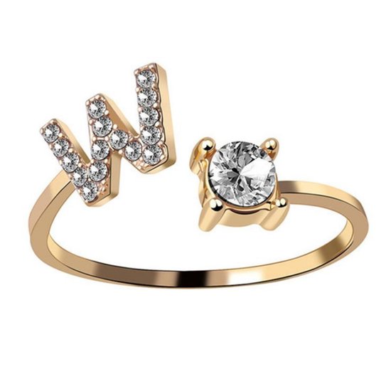 Ring Met Letter - Ring Met Steen - Letter Ring - Ring Letter - Initial Ring - (Zilver 925) Gold-Plated Letter W - Cadeautje voor haar