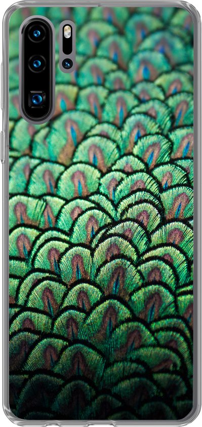 Coque de téléphone compatible avec Huawei P30 Pro - Gros plan sur les plumes d'un paon - Coque en Siliconen