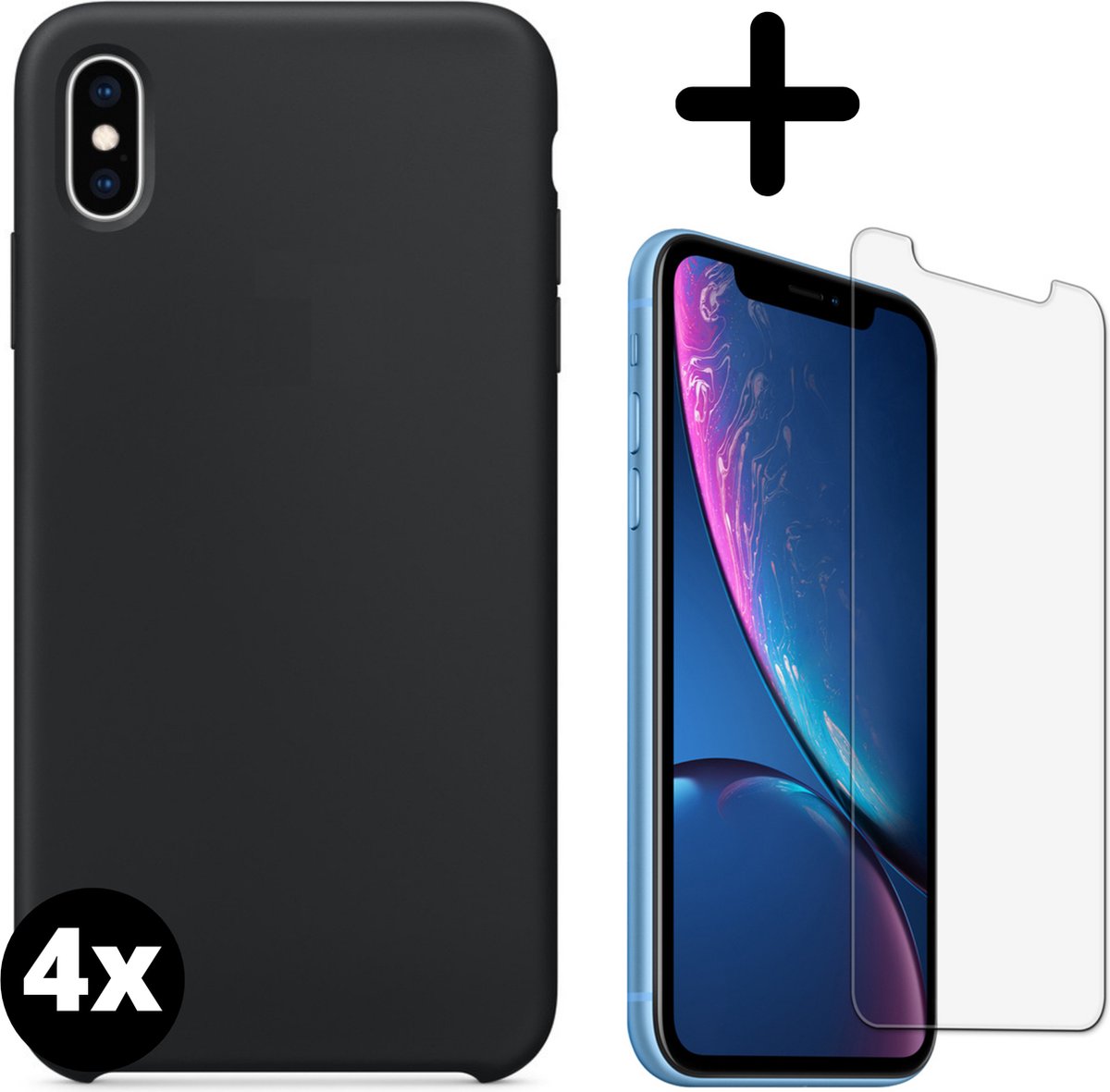 Fooniq Silicone Hoesje Zwart 4x + Screenprotector 4x - Geschikt Voor Apple iPhone XR