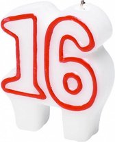 verjaardagskaars cijfer 16 wit/rood 7 cm