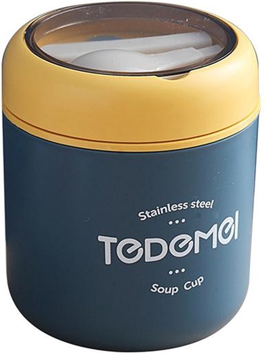 Gobelet à soupe micro-ondes sans anse - bleu 530 ml - gobelet résistant à la chaleur - gobelet thermos - récipient à déjeuner - yaourt à emporter - gobelet à soupe à emporter - y compris cuillère/fourchette