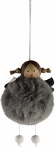 kersthanger pompom engel 14 x 10 cm pluche/hout grijs