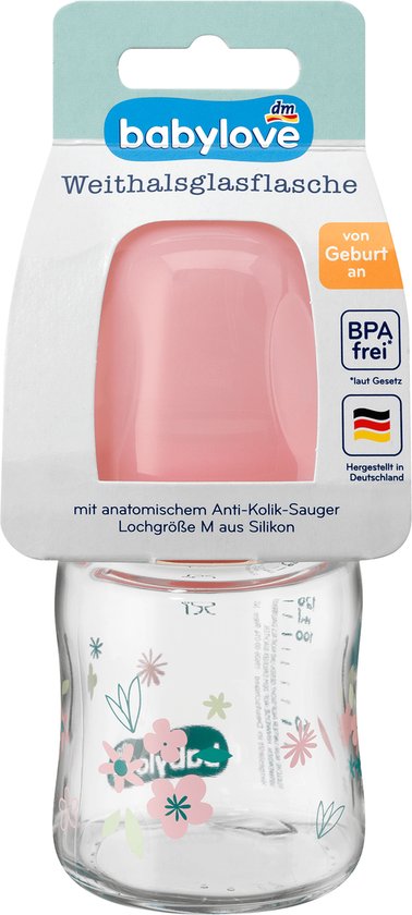 Babyflesje - babylove Glazen babyfles wijde opening, roze, 120 ml
