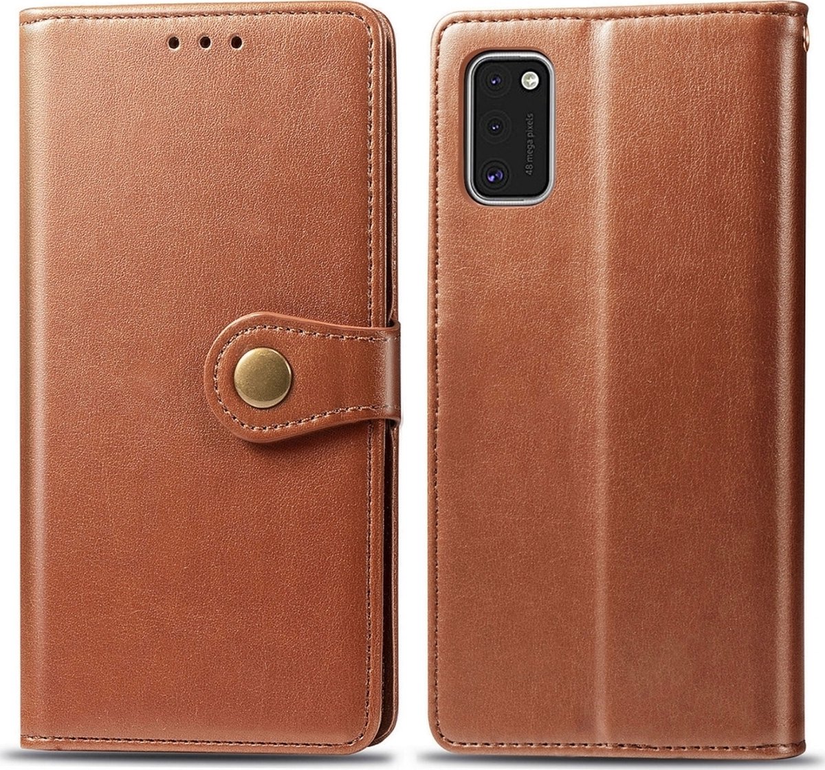 Mobigear Telefoonhoesje geschikt voor Samsung Galaxy A41 Hoesje | Mobigear Snap Button Bookcase Portemonnee | Pasjeshouder voor 3 Pasjes | Telefoonhoesje voor Pinpas / OV Kaart / Rijbewijs - Cognac