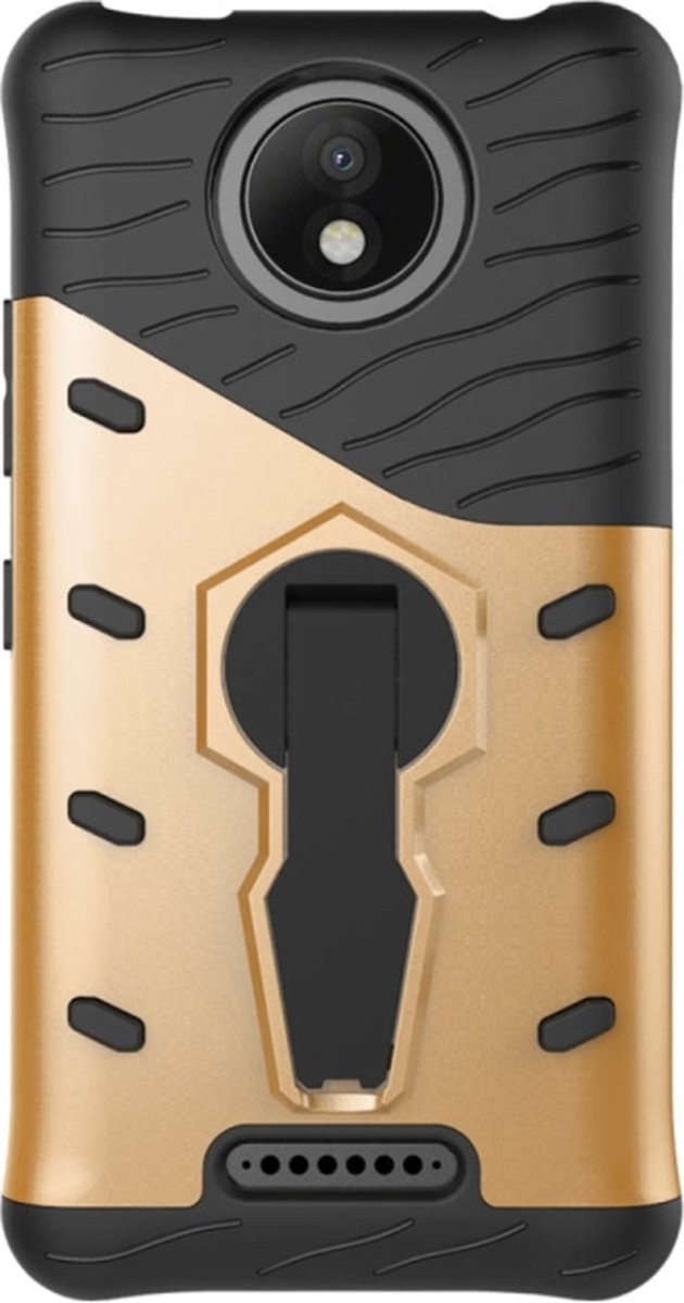 Mobigear Hoesje geschikt voor Motorola Moto C Plus Telefoonhoesje Hardcase | Mobigear Grip Stand Backcover Shockproof met Standaard | Schokbestendig Moto C Plus Telefoonhoesje | Anti Shock Proof - Goud