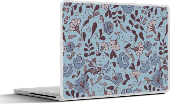 Laptop sticker - 10.1 inch - Patroon - Bloem - Grijs - Blauw - 25x18cm - Laptopstickers - Laptop skin - Cover