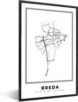 Fotolijst incl. Poster Zwart Wit- Nederland – Breda – Stadskaart – Kaart – Zwart Wit – Plattegrond - 80x120 cm - Posterlijst