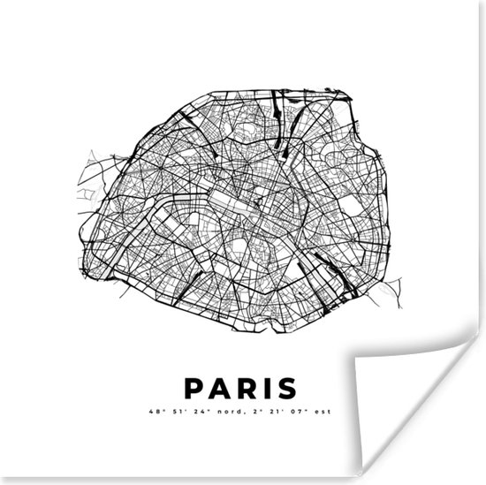 Poster Frankrijk – Stadskaart - Zwart Wit – Parijs – Plattegrond – Kaart - 30x30 cm