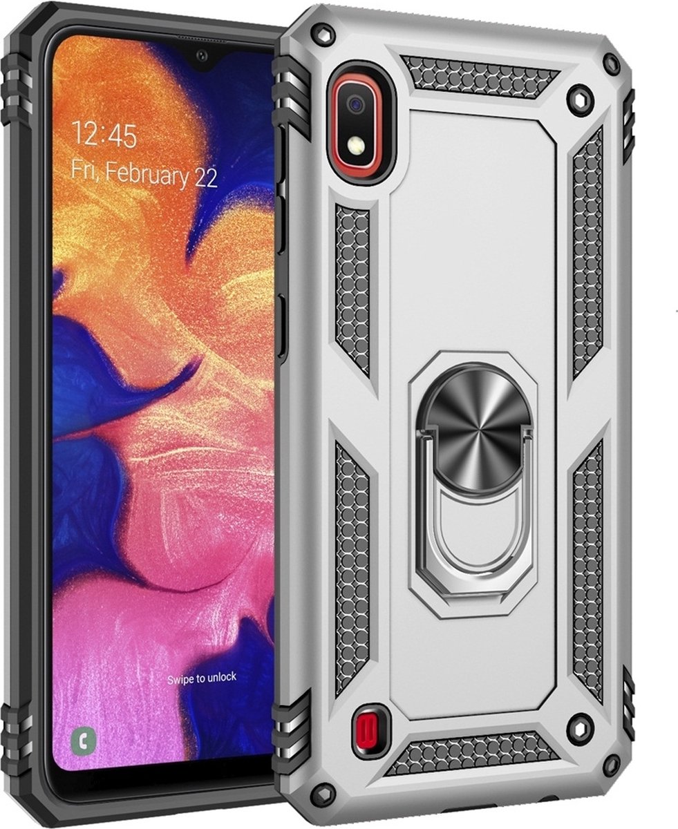 Mobigear Hoesje geschikt voor Samsung Galaxy A10 Telefoonhoesje Hardcase | Mobigear Armor Ring Backcover Shockproof met Ringhouder | Schokbestendig Galaxy A10 Telefoonhoesje | Anti Shock Proof - Zilver