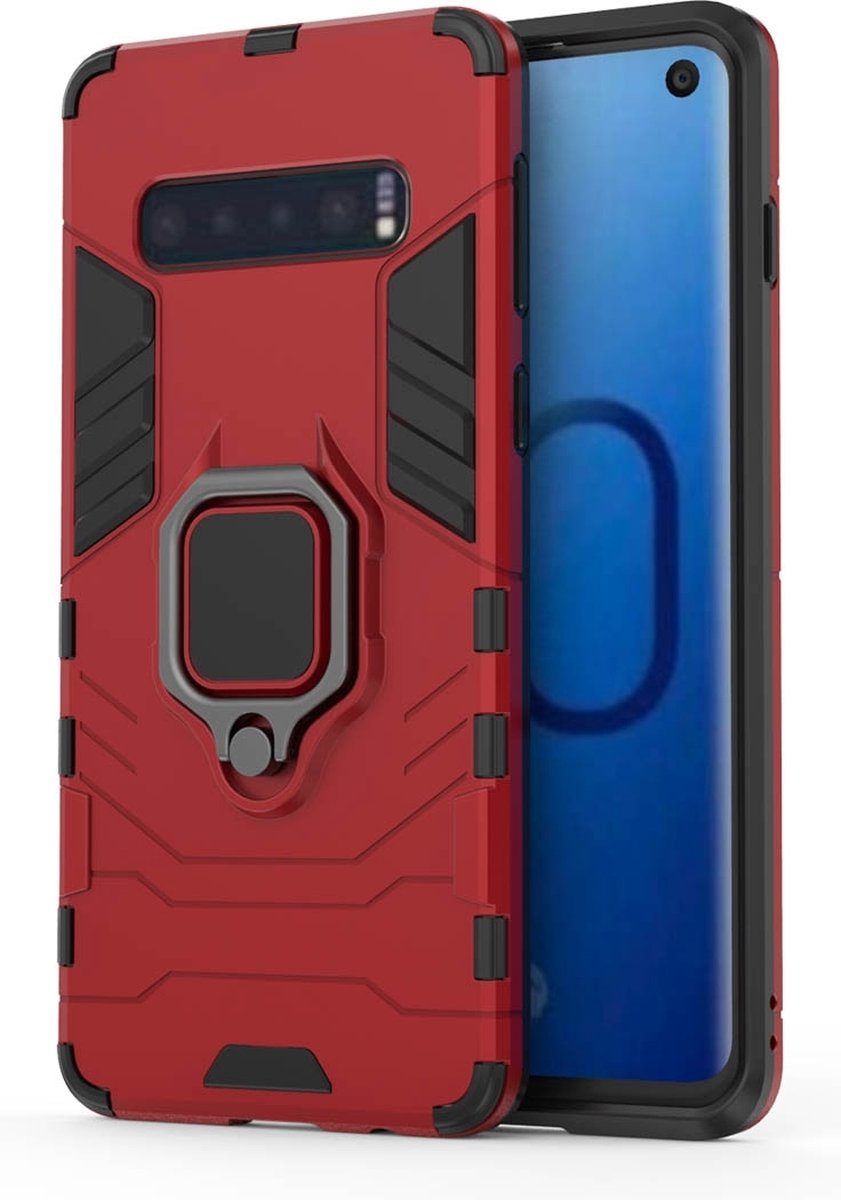 Mobigear Hoesje geschikt voor Samsung Galaxy S10 Telefoonhoesje Hardcase | Mobigear Armor Ring Backcover Shockproof met Ringhouder | Schokbestendig Galaxy S10 Telefoonhoesje | Anti Shock Proof - Rood