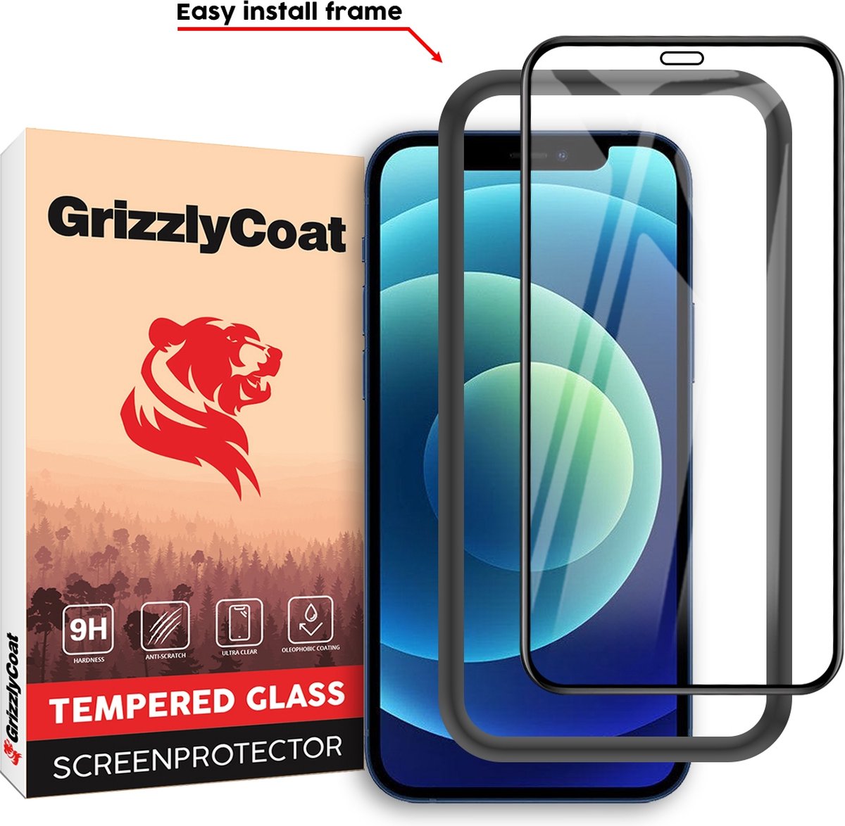 GrizzlyCoat Easy Fit - Screenprotector geschikt voor Apple iPhone 12 Pro Glazen Screenprotector - Case Friendly + Installatie Frame - Zwart